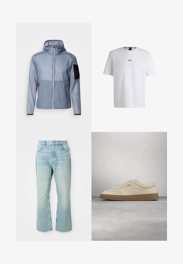 Lyseblå, letvægtsjakke med fuld lynlås, justerbar hætte og sort lomme på venstre ærme. Glat tekstur og minimalistik design.; Hvid bomuld T-shirt med korte ærmer, med et sort "BOSS" logo centreret på brystet og en rund halsudskæring.; Lysblå denim flared jeans med høj talje, der har fem lommer, bæltestropper og en toned vævning.; Lyse beige ruskindssneaker med gummisål i farven gum, tydelige snørebånd og fine syningsdetaljer. Ren design med et minimalistisk æstetisk udtryk.
