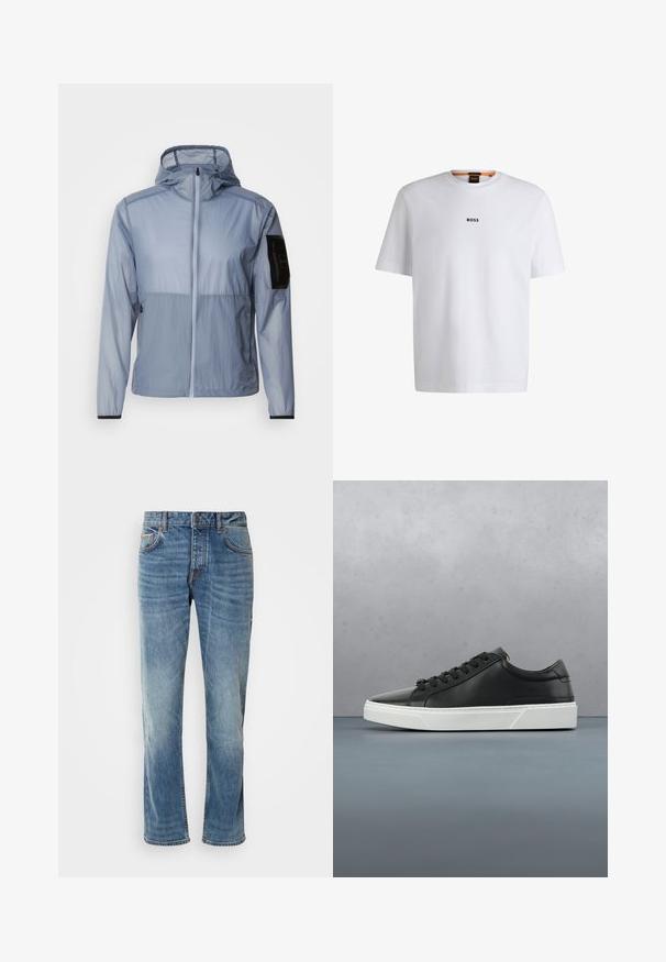 Lyseblå, letvægtsjakke med fuld lynlås, justerbar hætte og sort lomme på venstre ærme. Glat tekstur og minimalistik design.; Hvid bomuld T-shirt med korte ærmer, med et sort "BOSS" logo centreret på brystet og en rund halsudskæring.; Lyseblå denimbukser med lige ben, fem lommer, kontrasterende syninger og en falmet finish. Har en knap- og lynlåsåbning.; Sorte lædersneakers med rund tå, tekstureret overflade, hvid gummisål og sorte snørebånd. Minimalistisk design med en slank profil.