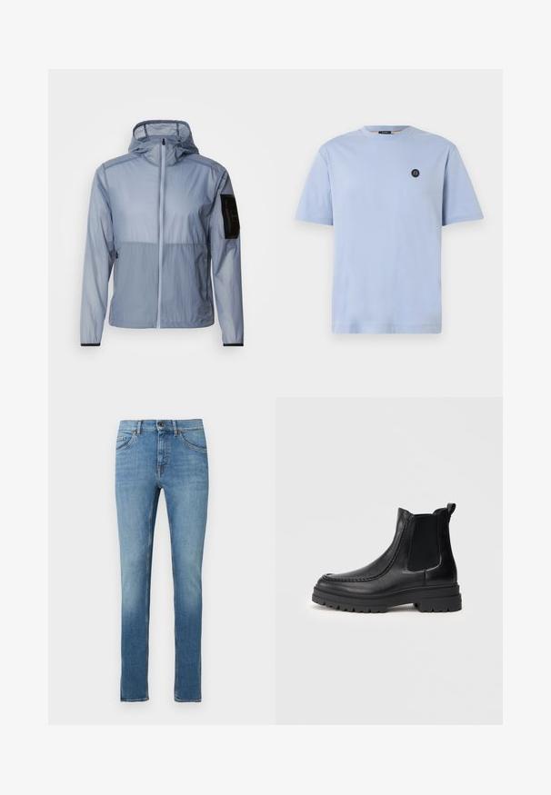 Lyseblå, letvægtsjakke med fuld lynlås, justerbar hætte og sort lomme på venstre ærme. Glat tekstur og minimalistik design.; Lyseblå bomuld T-shirt med rund halsudskæring, korte ærmer og et lille sort rundt logo på brystet. Glat tekstur, afslappet pasform.; Lyseblå denimjeans med lige ben, forrest med knaplukning, fem-lomme-design og kontrasterende syningsdetaljer.; Sorte læderankelstøvler med elastiske sidepaneler, en rund tå og en robust gummisål med mønstret slidbane.