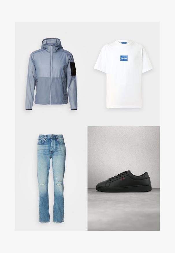 Lyseblå, letvægtsjakke med fuld lynlås, justerbar hætte og sort lomme på venstre ærme. Glat tekstur og minimalistik design.; Hvid bomulds t-shirt med korte ærmer og rund halsudskæring. Har et blåt rektangulært logo med "HUGO" centreret på forsiden.; Kvinders mid-rise blå jeans med falmet vask, slidte huller på begge knæ, lige ben og klassisk fem-lomme design.; Sort lav sneaker med sorte snørebånd og rød "HUGO"-logo på siden, ophængt over en grå reflekterende gulv.