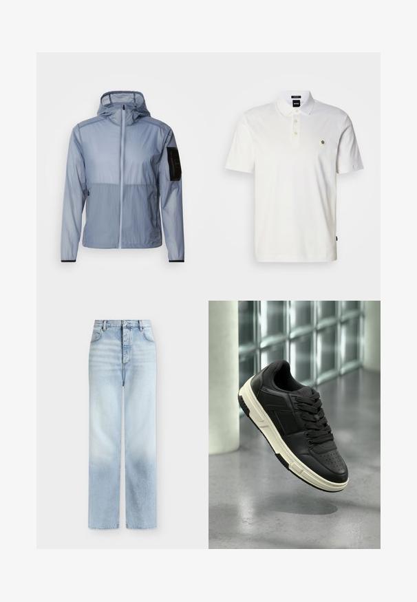 Lichtblauwe, lichtgewicht jas met een volledige rits, verstelbare capuchon en een zwarte zak op de linkermouw. Gladde textuur en een minimalistisch ontwerp.; Wit poloshirt van katoen, met een placket van drie knopen, korte mouwen en een klein geborduurd logo op de linkerborst.; Lichtblauwe, hoog getailleerde, rechte jeans met voorzakken, riemlussen en een knoopsluiting.; Zwarte leren sneaker met witte zool en zwarte veters zwevend boven een grijze vloer en een achtergrond van glasblokken.