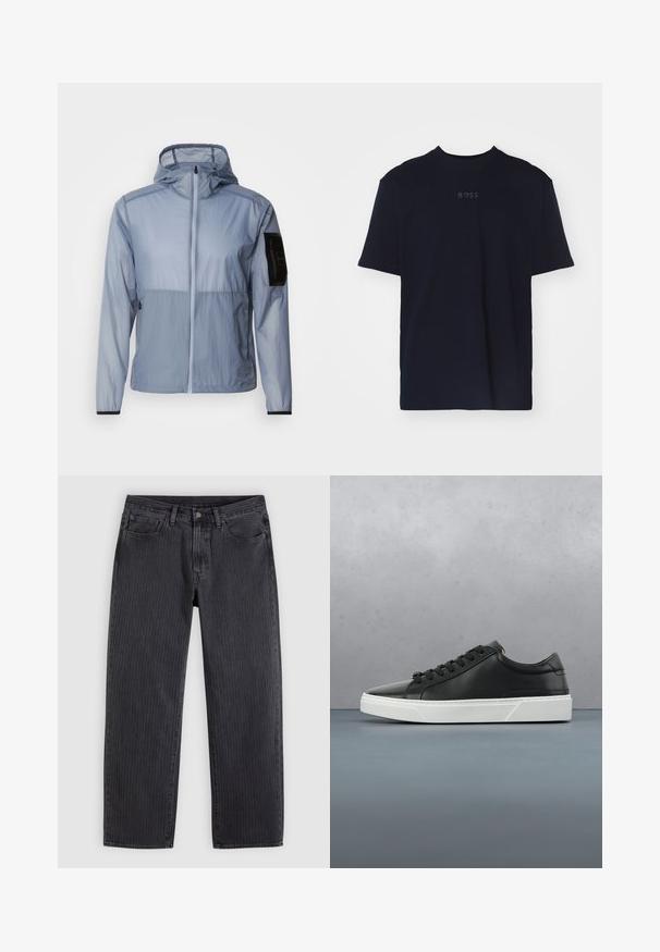 Lichtblauwe, lichtgewicht jas met een volledige rits, verstelbare capuchon en een zwarte zak op de linkermouw. Gladde textuur en een minimalistisch ontwerp.; Navyblauwe katoenen t-shirt met korte mouwen en een ronde halslijn, met in het midden van de borst een grijs "BOSS" logo.; Zwarte spijkerbroeken met verticale strepen en een rechte pasvorm, gemaakt van denim, met een knoopsluiting aan de voorkant en vijf zakken.; Zwarte leren sneaker met ronde neus, textuur op het oppervlak, witte rubberen zool en zwarte veters. Minimalistisch ontwerp met een slanke uitstraling.