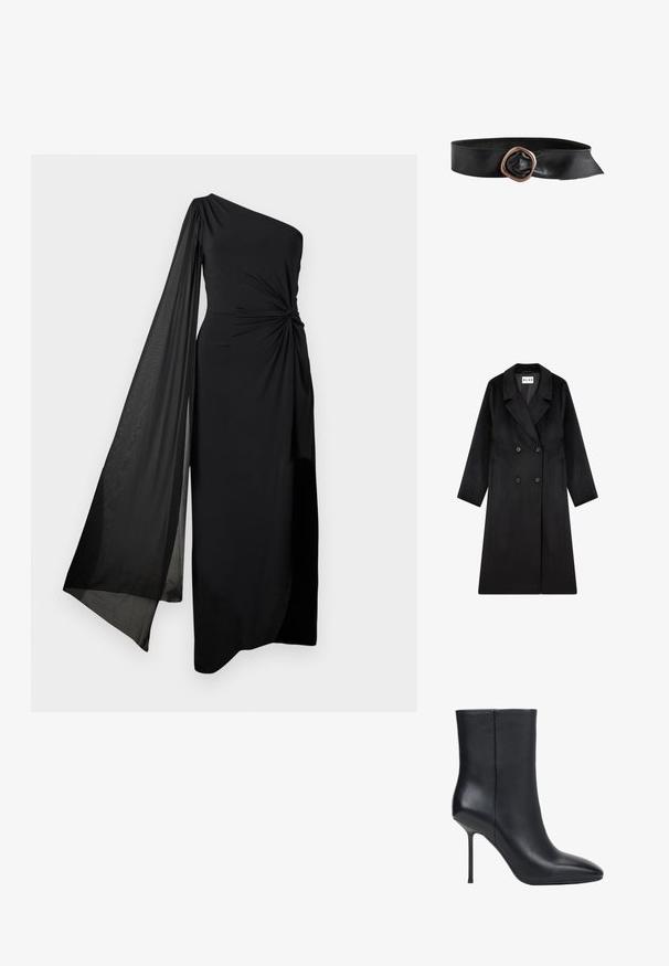 NA-KD Mantel - black; Zwart een-schouder jurk met een geknoopt taille detail en een vloeiende doorschijnende mouw. Gemaakt van een gladde, lichte stof met een rechte pasvorm.; Zwarte leren enkellaars met puntige neus en dunne stilettohak, gladde textuur, zijaanzicht op witte achtergrond.; Zwarte leren riem met een brede band en een grote onregelmatige koperen metalen gesp.