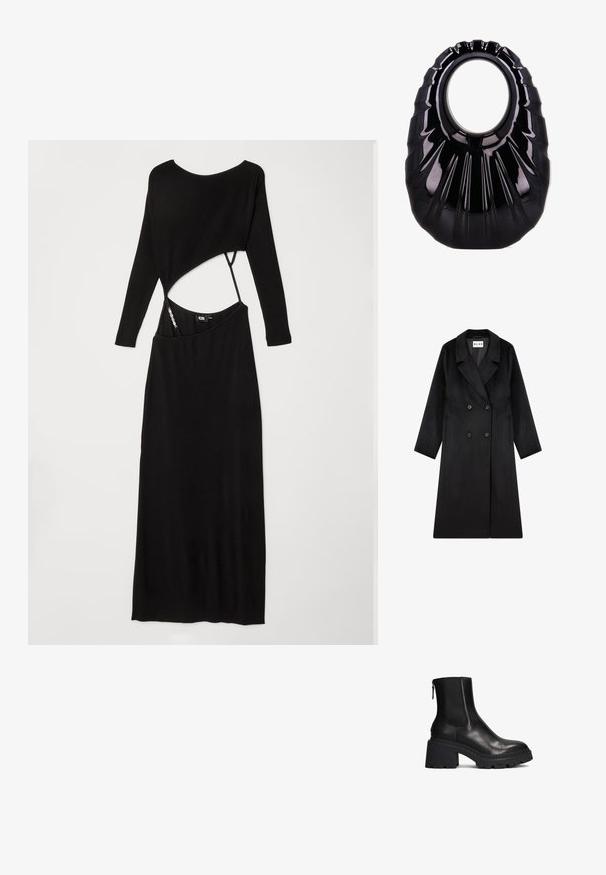 NA-KD Mantel - black; Zwarte geribbelde jurk met lange mouwen, een getailleerd silhouet, asymmetrische uitsnede bij de taille en een soepele textuur.; Zwarte leren enkellaars met elastische zijpanelen, stevige zwarte hak en geëxtraheerde rubberen zool. Voorzien van een achterste rits voor gemakkelijk aan- en uittrekken.; Glanzende zwarte handtas met een uniek geplooid ontwerp en een groot ovaal uitgesneden handvat in het midden op een witte achtergrond.