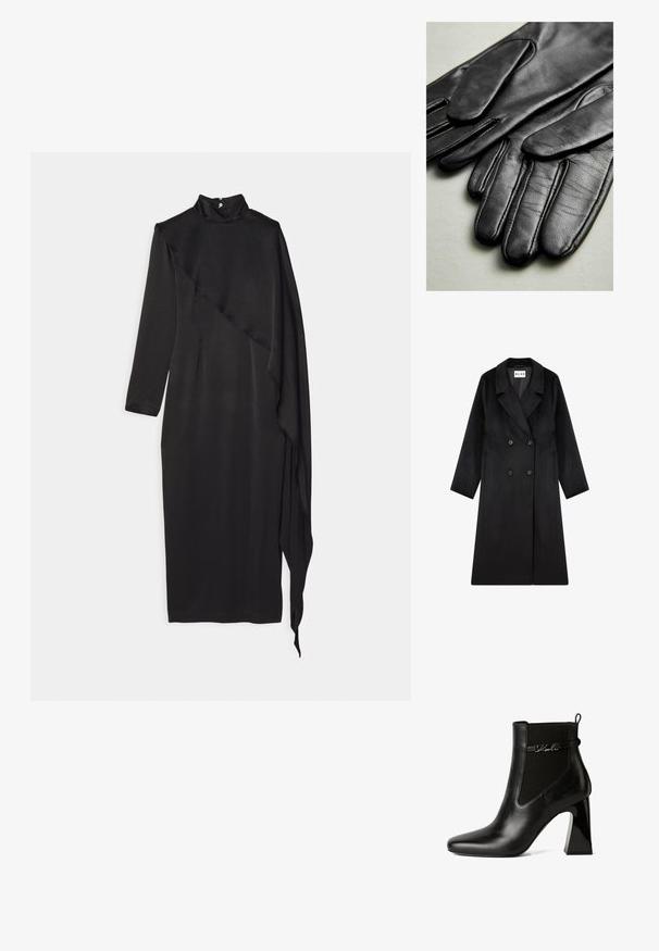 NA-KD Klassisk frakke - black; Materiel SCARF DRESS - Gallakjole - black; KARL LAGERFELD ASTRA NOVA GORE - Højhælede støvletter - black lthr; Sorte læderhandsker med glat tekstur, der har syninger langs fingrene og en tætsiddende design. Blødt, smidigt materiale for komfort.