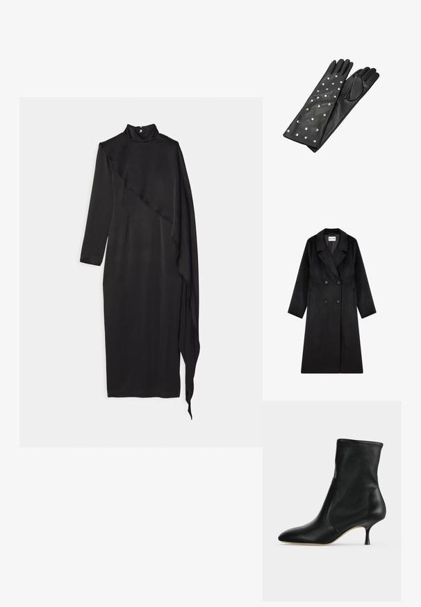 NA-KD Mantel - black; Materiel SCARF DRESS - Galajurk - black; Zwarte leren enkellaars met spitse neus en smalle hak van middelhoge hoogte, zijaanzicht op een lichte achtergrond.; Zwarte leren handschoenen met lange vingers, voorzien van zilveren studs in een patroon. Gladde textuur met een strakke pasvorm bij de pols.