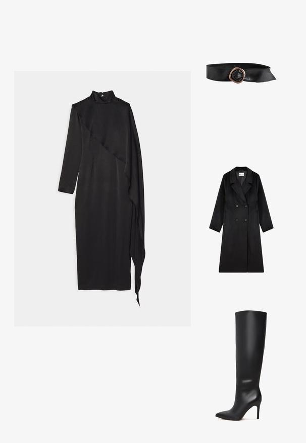 NA-KD Mantel - black; Materiel SCARF DRESS - Galajurk - black; Zwarte leren knie-hoge stiletto laars met een spitse neus en een slanke, gladde oppervlakte. Beschikt over een hoge, slanke hak voor een verlengde silhoeet.; Zwarte leren riem met een brede band en een grote onregelmatige koperen metalen gesp.