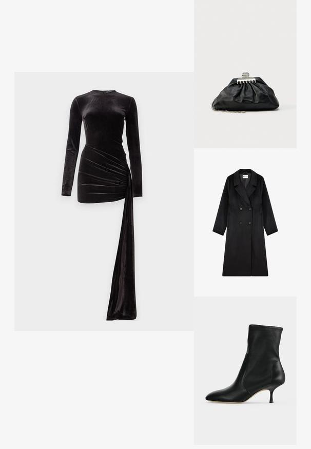 NA-KD Klassisk frakke - black; Sort fløjl langærmet kjole med en tætsiddende overdel og en draperet asymmetrisk kant. Glat tekstur og en strømlinet silhuet er bemærkelsesværdige egenskaber.; Sort læderankelstøvle med spids tå og slank mellemhøj hæl, vist i profil på en lys baggrund.; Sort læderclutch med samlet design, sølv hardware-lås og kæderem. Diskret logo præget foran.