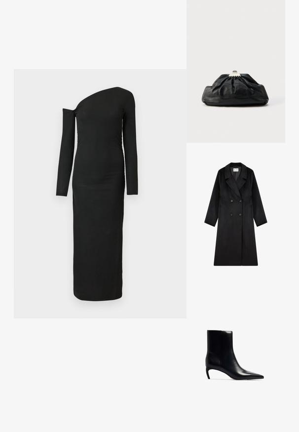 NA-KD Klassisk frakke - black; Sort, tætsiddende, langærmet kjole med asymmetrisk udskæring og samlede sideløse detaljer, lavet af ribbet stof.; Sort læderankelstøvle med spidse tæer og en lille, slank hæl. Glat tekstur med et strømlinet, minimalistisk design.; Sort læderclutch med en samlet tekstur, metal lukning og diskret præget logo på forsiden. Rundet form.