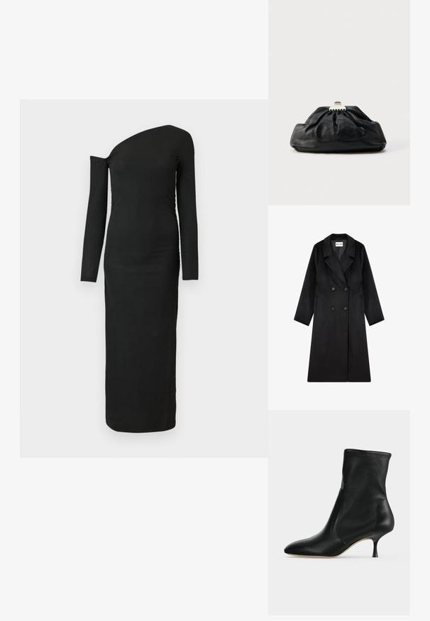 NA-KD Mantel - black; Zwarte, nauwsluitende, lange mouw jurk met een asymmetrische halslijn en geplooide zijdetail, gemaakt van ribbelstof.; Zwarte leren enkellaars met spitse neus en smalle hak van middelhoge hoogte, zijaanzicht op een lichte achtergrond.; Zwarte leren clutch met een geplooide textuur, metalen sluiting en een subtiel geperst logo aan de voorkant. Afgeronde vorm.