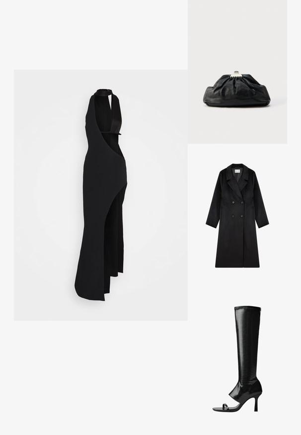 NA-KD Klassisk frakke - black; David Koma WRAP EFFECT OPEN LEG GOWN - Cocktailkjole / festkjole - black; Sort knæhøje støvler lavet af blank læder. Har åben tå, tynde stropper og stiletto hæl. Glat tekstur med minimale syningsdetaljer.; Sort læderclutch med en samlet tekstur, metal lukning og diskret præget logo på forsiden. Rundet form.