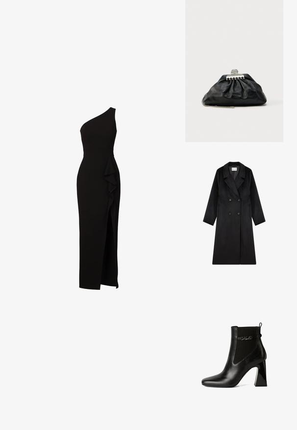 NA-KD Klassisk frakke - black; Sort aftenkjole med ét skulderbånd, gulvlængde, detaljer med flæser i siden og højt slids på låret.; KARL LAGERFELD ASTRA NOVA GORE - Højhælede støvletter - black lthr; Sort læderclutch med samlet design, sølv hardware-lås og kæderem. Diskret logo præget foran.