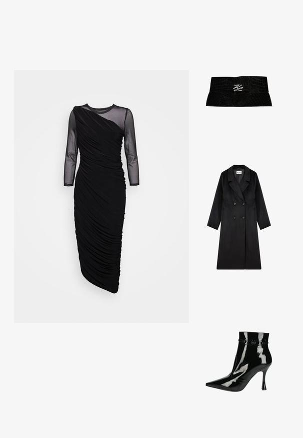 NA-KD Klassisk frakke - black; Sort kjole med lange, gennemsigtige ærmer, rynket detaljer, tætsiddende silhuet og asymmetrisk kant. Fremstillet af strækstof for let bevægelighed.; Sorte patentlæder ankelstøvler med spids tå, blank finish, strømlinet design og en smal stilettohæl. Dekorative stropper som detalje.; Sort bredt bælte med krokodilletekstur og en sølv dobbelt "K" metallogo-lås foran i midten.