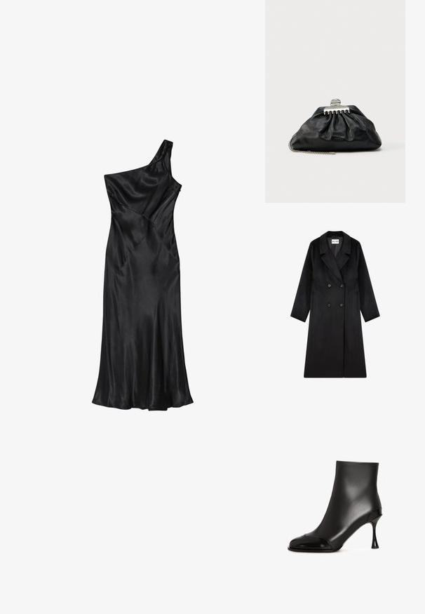 NA-KD Manteau classique - black; Robe asymétrique en satin noir avec un corsage ajusté et une jupe évasée, présentant des coutures diagonales et une texture lisse sur toute la surface.; Bottes noires jusqu'à la cheville en cuir lisse avec un embout brillant, dotées d'un talon effilé et d'un design élégant et ajusté.; Pochette en cuir noir avec un design froncé, fermoir en métal argenté, et une bandoulière chaîne. Branding subtil embossé à l'avant.