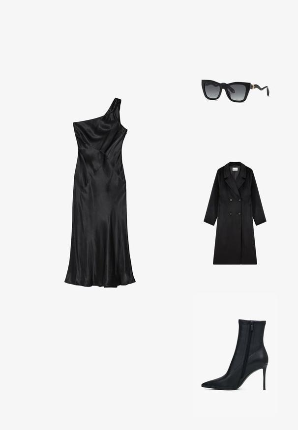 NA-KD Mantel - black; Een zwarte satijnen jurk met één schouder, een getailleerd lijfje en een uitlopende rok, met diagonale naden en een gladde textuur overal.; Zwarte enkellaars gemaakt van glad synthetisch materiaal, met een puntige neus en een hoge naaldhak, voorzien van een zijrits als sluiting.; Zwarte oversized vierkante zonnebril met donker verlopende glazen en getextureerde slangachtige pootjes, geaccentueerd door een klein gouden detail.