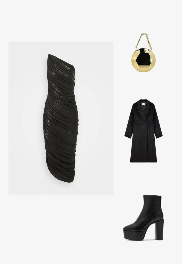NA-KD Klassisk frakke - black; Sort, en-skulder kjole lavet af et glinsende materiale. Har en samlet struktur og en tætsiddende silhuet, der når til midten af læggen.; Sort læder ankelstøvle med spids tå og høj blokhæl. Har en platformsål og glat tekstur uden synligt hardware.; Rund guldtaske med sekskantet sort midte og perlehåndtag i guld, vist mod en hvid baggrund.