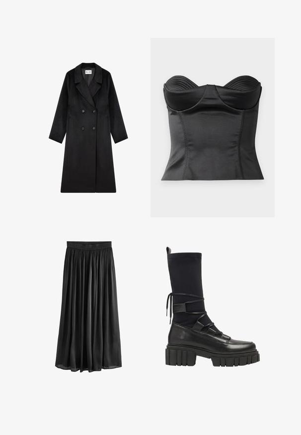 NA-KD Klassisk frakke - black; Sort struktureret top med hjerteformet udskæring. Har glat, strækbart stof og lodrette ribber langs barmen for støtte.; Sort knælang nederdel med en samlet talje og blød design. Fremstillet af letvægtsmateriale med en glat overflade og blød tekstur.; Sort knæhøje støvler i en blanding af glat læder og strækbart stof, med snørebånd fortil og en chunky, rillede sål.