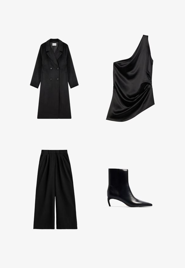 NA-KD Klassisk frakke - black; Sort satin-top med en asymmetrisk halsudskæring, draperet stofdetalje og blød tekstur. Har én skulder og en flydende silhuet.; Sorte bukser med vide ben og høj talje, udstyret med bæltestropper, frontplisseringer og en ren, glat stoffinish.; Sort læderankelstøvle med spidse tæer og en lille, slank hæl. Glat tekstur med et strømlinet, minimalistisk design.