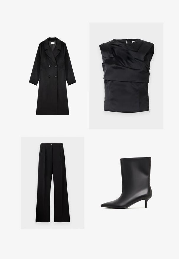 NA-KD Abrigo clásico - black; Top de satén negro con un diseño estructurado, hombros anchos y un panel frontal asimétrico, cerrado con una cremallera en la parte posterior.; Pantalones negros de talle alto y pierna ancha con pliegues delanteros, trabillas para cinturón y cierre de botón en la cintura.; Botín negro de cuero hasta el tobillo con un acabado suave, punta afilada y un tacón bajo tipo kitten. Diseño sencillo sin adornos adicionales.