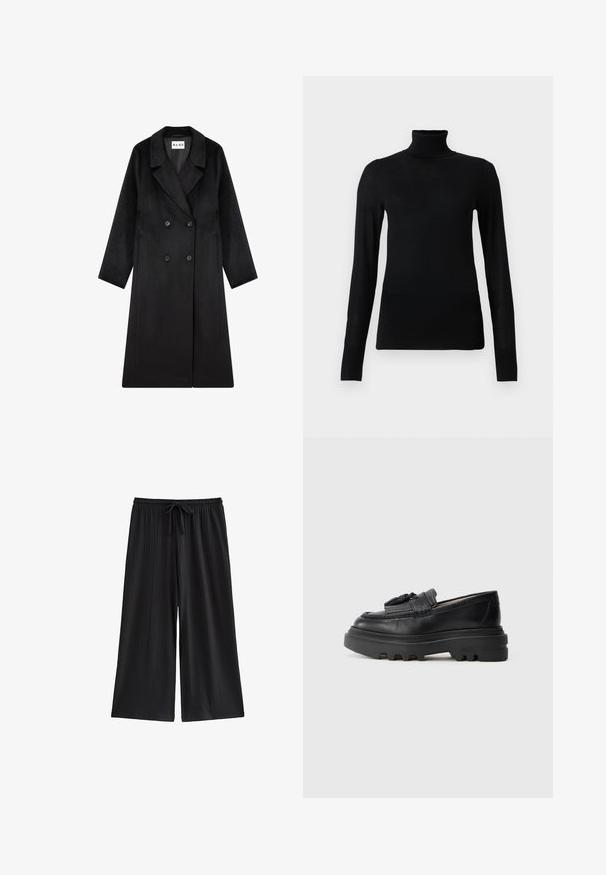 NA-KD Abrigo clásico - black; Jersey de cuello alto negro hecho de un material suave y ligero. Presenta mangas largas y un diseño ajustado con un cuello alto.; Pantalones negros de pierna ancha con textura acanalada vertical y una cintura elástica con cordón delantero.; Mocasines de cuero negro con suela de goma gruesa y textura acanalada. Presentan un detalle trenzado en la parte delantera. Se muestra vista lateral.