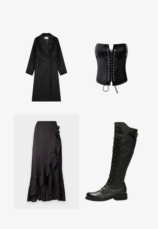 NA-KD Manteau classique - black; Corset en satin noir avec une forme structurée, devant lacé avec des œillets argentés et une finition lisse. Dispose d'un décolleté droit sans bretelles.; Jupe en satin noir avec un ourlet froncé et des détails sur le côté. Le motif léopard texturé ajoute un intérêt visuel. Silhouette longue et fluide.; Botte en cuir noir hauteur genou avec un laçage à l'avant, œillets en métal argenté et boucle sur le côté. Présente une finition texturée et un talon empilé.