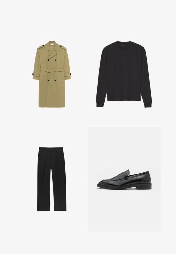Trench-coat vert olive en tissu lisse, coupe croisée, épaulettes, boutons noirs, et ceinture assortie.; T-shirt noir à manches longues en coton doux. Dispose d'un col rond classique, de poignets côtelés et d'une coupe décontractée. Design simple, sans motifs.; Pantalons noirs au design droit, fabriqués à partir d'un tissu lisse. Dotés de plis sur le devant et d'une fermeture à un bouton à la taille.; Mocassins en cuir noir avec une finition lisse, dotés d'un bout arrondi et d'une bande étroite sur le dessus. Talon bas empilé.