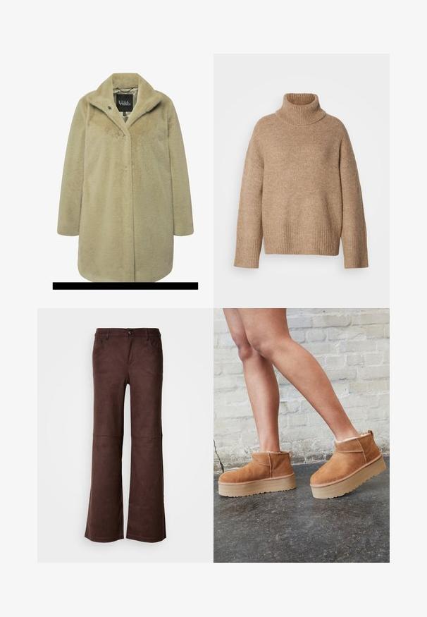 Beige nepbontjas met een geknipt kraag, enkele knoopsluiting, lange mouwen en een zachte, gestructureerde stof. Voering zichtbaar aan de binnenkant.; Beige coltrui gemaakt van zacht gebreide stof. Heeft een geribde halslijn en manchetten, met een ontspannen pasvorm en verlaagde schoudernaden.; Bruine flared pants van een zachte, suede-achtige stof. Beschikt over vier zakken, een knoopsluiting en een gladde, gestructureerde oppervlakte.; Bruine suède enkelboots met een zachte voering, dikke beige plateauzool en een achterste lus. Getextureerde oppervlakte met zichtbare stiksels.