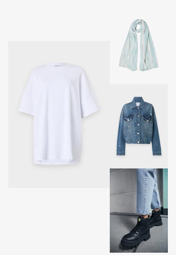 Helle blaue Jeansjacke mit einem verkürzten Design, zwei Brusttaschen, silbernen Knöpfen und abgeriebenen Details auf dem Stoff.; Oversized, kurzärmliges weißes T-Shirt aus Baumwolle. Runder Halsausschnitt, Seitenschlitze am Saum und glatte Textur ohne sichtbare Muster oder Akzente.; Person, die hellblaue Jeans und schwarze klobige Schnürstiefel trägt und auf einem Betonboden nahe einer Wand steht.; Leichter, langer Schal mit dünnen vertikalen blauen und grünen Streifen auf weißem Hintergrund, oben locker geschlungen.