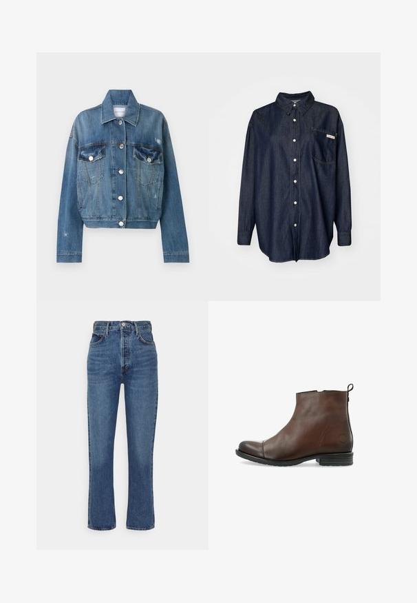 Hele sinine denim jope, mis on lühendatud kujundusega, kahe rinna taskuga, hõbedaste nuppudega ja kulumise detailidega kangal.; Tumesin sinise nupuga särg, millel on krae, pikad varrukad, üks rinnatasku ja valged õmblused.; Sinine kõrgema vöökohaga denimist teksapaar, sirge sääre disainiga, viie taskuga ja metallist nööbiga.; Pruun nahast ankle saapad ümmarguse varbaga, külgse lukuga, tekstuurse tagapaneeliga ja tugeva musta kummitaldiga.