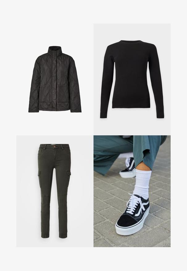 Sort quiltet jakke med høj krave, der har et diamantmønster, to forlommer og lange ærmer. Fremstillet af let stof.; Sort tætsiddende T-shirt med lange ærmer og rund hals med en glat tekstur, vist fladt på en lysegrå baggrund.; Olivengrønne cargo-bukser med slim fit, elastiske manchetter og flere lommer. Fremstillet af slidstærkt stof med forstærkede knæpaneler.; Sorte ruskinds sneakers med hvide accenter og snørebånd, der har en tyk hvid sål og kontrasterende syninger, parret med en hvid sok.