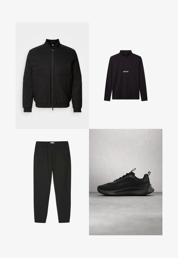 Čierna bomber bunda so zipsom vpredu, stojacím golierom a elastickými manžetami. Obsahuje bočné vrecká a malú logovú nášivku na hrudi.; Čierny pulóver Calvin Klein s dlhým rukávom, štvrťovým zipsom a bielym logom vytlačeným na hrudi.; Čierne nohavice s elastickým pásom, rovnými nohavicami a bočnými vreckami, určené na bežné alebo profesionálne nosenie.; Čierna teniska Calvin Klein so šnúrkami, ktorá sa vznáša nad sivou lesklou podlahou pri stene zo sklenených tehál a bielom stĺpe.