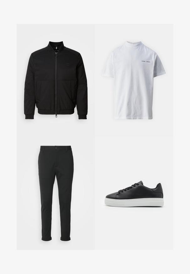 Chaqueta bomber negra con cremallera frontal, cuello alto y puños elásticos. Presenta bolsillos laterales y un pequeño parche con logotipo en el pecho.; Camisa de algodón blanca con un cuello alto y mangas cortas. Presenta el logo "SAMSØE SAMSØE" en negro en la parte delantera. Textura suave.; Pantalones negros hechos de una tela suave con corte recto. Cuenta con un cierre de botón único y puños doblados.; Zapatilla de cuero negro con punta redonda, suela de goma blanca y cordones negros. Presenta un acabado liso y un diseño minimalista.