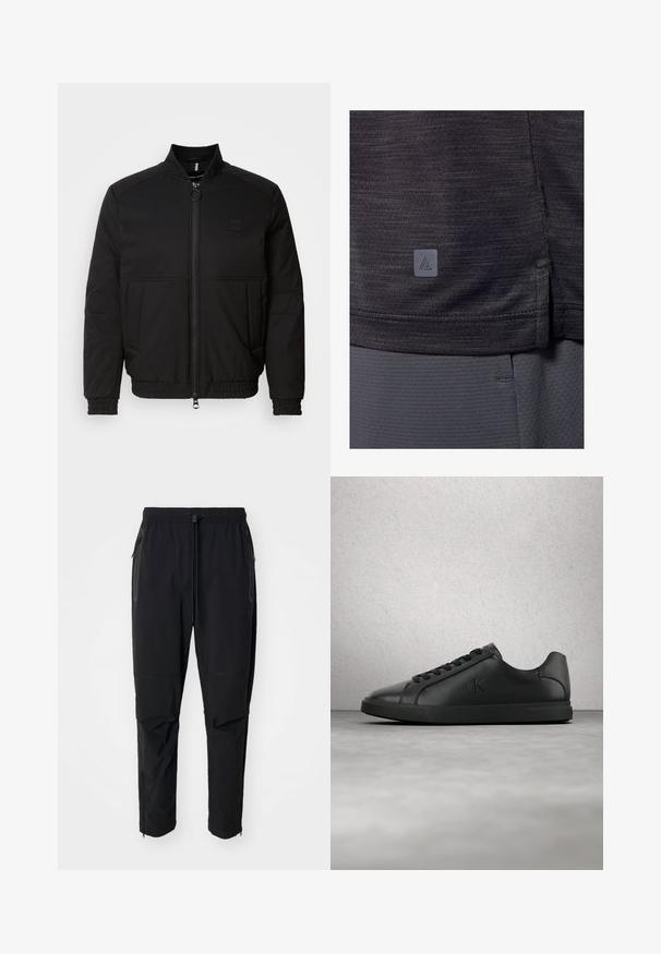 Chaqueta bomber negra con cremallera frontal, cuello alto y puños elásticos. Presenta bolsillos laterales y un pequeño parche con logotipo en el pecho.; Camiseta deportiva gris oscuro, hecha de tejido texturizado. Presenta una abertura lateral en el dobladillo y una pequeña etiqueta de logo en la esquina inferior izquierda.; Pantalones de exterior negros, ligeros, con cintura elástica y cordón ajustable. Cuenta con bolsillos con cremallera y puños ajustados.; Zapatilla deportiva de cuero negro con cordones y el logotipo "ck" en relieve, flotando sobre un suelo gris cerca de una pared de bloques de vidrio.