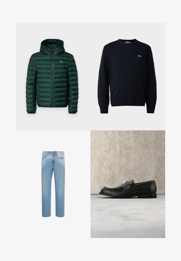 Groene gewatteerde jas met capuchon, voorzien van horizontale gestikte naden, een ritssluiting aan de voorkant en een klein geborduurd logo op de borst.; Marine crewnecktrui gemaakt van zacht materiaal, met ribgebreide manchetten en zoom. Klein groen Lacoste-logo op de borst.; Lichtblauwe denim jeans met rechte pijpen, voorzakken, riemlussen en knoopsluiting, afgebeeld tegen een witte achtergrond.; Zwarte leren loafer met een metalen merktekenplaatje, rustend bij een bruine ronde tafel op een beige tapijtvloer.