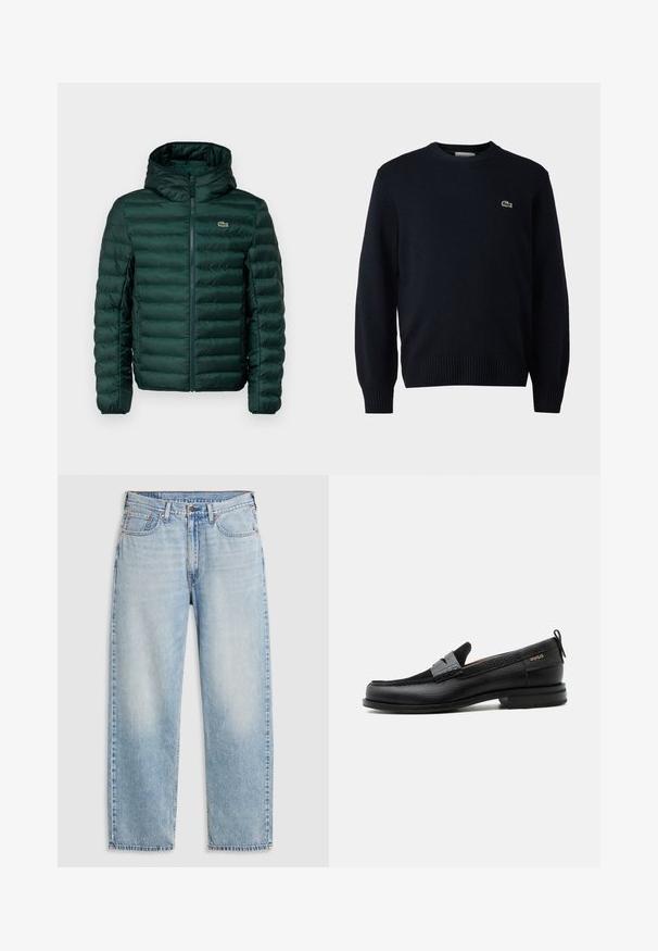 Chaqueta verde acolchada con capucha, con costuras horizontales acolchadas, un cierre delantero y un pequeño logotipo bordado en el pecho.; Sudadera de cuello redondo en color marino, hecha de material suave, con puños y dobladillo acanalados. Pequeño logo verde de Lacoste en el pecho.; Jeans rectos de color azul claro con cinco bolsillos, cierre de botón de metal y detalles deslavados en los muslos y las rodillas, dispuestos sobre un fondo blanco.; Mocasín de cuero negro con detalle de tira gris, tacón bajo y suela texturizada, con la marca "HUGO" en oro en el lateral.