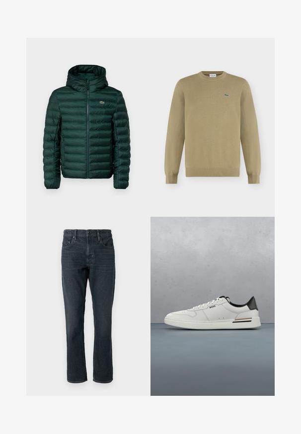 Grøn polstret jakke med hætte, der har vandret quiltede syninger, en frontlynlås og et lille broderet logo på brystet.; Beige langærmet crewneck-trøje med ribkanter ved ærmer og kant, med en lille grøn broderet krokodillelogo på venstre bryst.; Mørkeblå denim jeans med lige pasform, fem-lomme design og knaplukning. Har diskret falmning og kontrastsyning.; Hvide lavtoppede sneakers med sort hæl, snørebånds lukning, subtile perforeringer og "BOSS" logo på siden, vist fra ydersiden i profil.