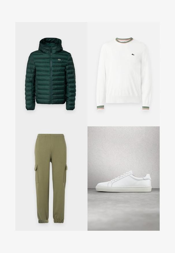 Chaqueta verde acolchada con capucha, con costuras horizontales acolchadas, un cierre delantero y un pequeño logotipo bordado en el pecho.; Suéter blanco con cuello redondo, que presenta acentos de rayas verdes, rojas y naranjas en el cuello y las mangas. Logo de Lacoste en el pecho.; Pantalones cargo de tela liviana en color verde oliva, con bolsillos laterales, cintura elástica y puños ajustados para un ajuste ceñido.; Zapatilla blanca con parte superior de cuero liso y perfil bajo. Presenta una puntera redondeada, seis ojales y una suela de goma texturizada.