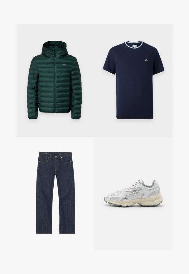Grøn polstret jakke med hætte, der har vandret quiltede syninger, en frontlynlås og et lille broderet logo på brystet.; Marineblåt T-shirt i bomuld, med en lys blå ribbet halsudskæring. Har et lille grønt krokodille-logo på brystet. Kortærmet design.; Mørkeblå denim jeans med lige skæring, der har kobbernitter, gule syninger og forlommer. Glat tekstur med minimale design detaljer.; Hvide sportssko med grå detaljer, overdel i mesh og syntetiske materialer, snørebåndsdesign og tekstureret gummisål med grebemønstre.