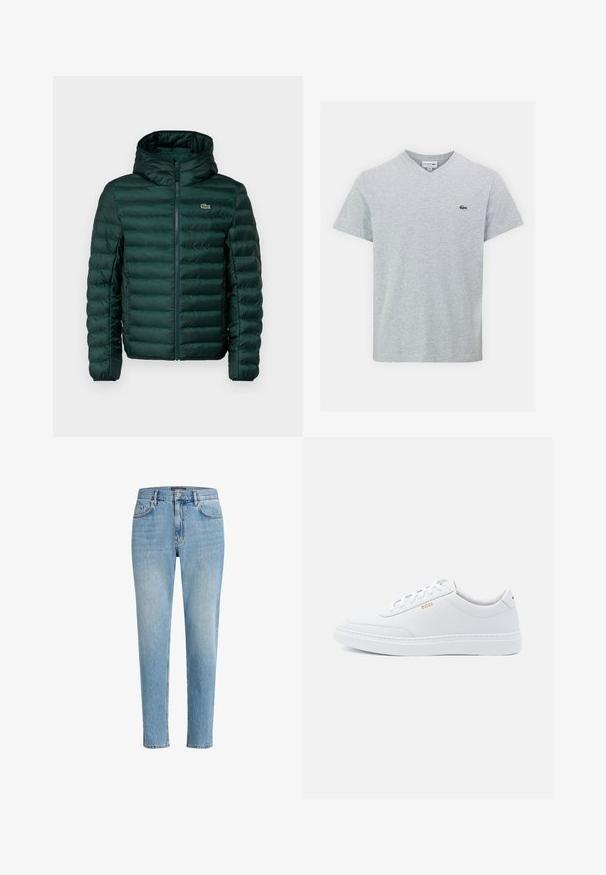 Grøn polstret jakke med hætte, der har vandret quiltede syninger, en frontlynlås og et lille broderet logo på brystet.; Grå V-hals T-shirt lavet af blødt materiale. Har korte ærmer og et lille grønt Lacoste-logo på venstre bryst. Enkel design.; Lyseblå denimjeans med en afslappet pasform, fem-lomme-design og diskret slitage. Har et mærketikette nær livet.; Hvide lædersneakers med glat tekstur, rund tå og ton-i-ton syning. Har blå snørebånd og et gult logo på siden.
