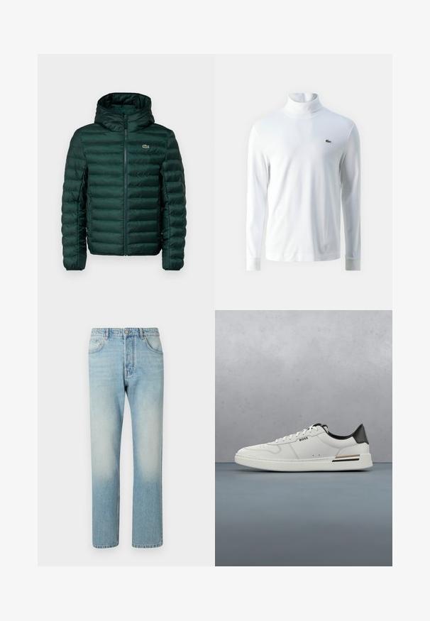 Groene gewatteerde jas met capuchon, voorzien van horizontale gestikte naden, een ritssluiting aan de voorkant en een klein geborduurd logo op de borst.; Witte lange mouw turtleneck shirt van zachte stof, met een klein groen geborduurd logo op de borst en aansluitende manchetten.; Lichtblauwe jeans van denim, met een rechte pijpdesign, vijf zakken en een vervaagde was-effect op de dijen.; Witte lage sneaker met zwarte hiel, vetersluiting, subtiele perforaties en het "BOSS" logo aan de zijkant, getoond vanuit het zijprofiel.