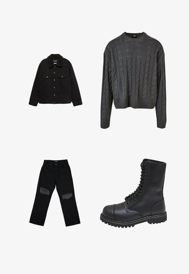 Veste en denim noir avec fermeture à boutons, deux poches poitrine, poches latérales et un col en sherpa noir.; Pull-over en maille torsadée de couleur gris foncé, avec un col rond, des épaules tombantes et un ourlet côtelé. Présente des motifs texturés sur l'ensemble.; Jean en denim noir avec une coupe décontractée, présentant des déchirures effilochées au niveau des genoux à l'avant et une taille standard avec une fermeture à bouton.; Botte de combat en cuir noir avec un haut tige, fermeture lacée à l'avant, col rembourré et semelle texturée robuste pour une meilleure adhérence. Dotée d'un capuchon de protection renforcé.