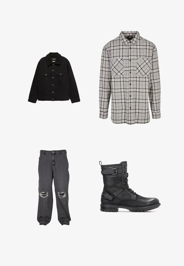 Veste en denim noir avec fermeture à boutons, deux poches poitrine, poches latérales et un col en sherpa noir.; Chemise à manches longues grise à carreaux, en tissu avec une fermeture à boutons, dotée de deux poches poitrine et d'un col classique.; Jeans en denim noir avec une coupe décontractée, présentant deux grandes déchirures au niveau des genoux, des bas resserrés et une fermeture à bouton classique.; Kazar HEARD - Bottines de cowboy / motard - black