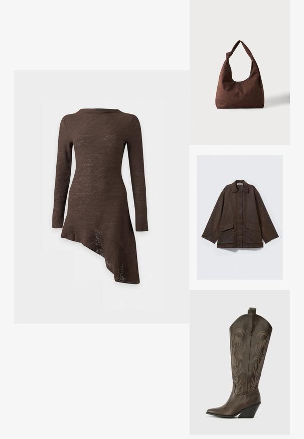 Veste marron à manches longues avec col à revers, deux poches avant et coupe droite. Confectionnée dans un tissu lisse et léger.; Robe longue à manches longues de couleur marron foncé avec un tissu texturé et un ourlet asymétrique incliné vers le côté droit.; Botte de cowboy en cuir marron avec un embout pointu, un talon compensé et des broderies décoratives. Dispose d'un long tige et d'une languette de tirage.; Sac à main en tissu marron texturé avec une seule anse nouée, présenté sur un fond clair uni.