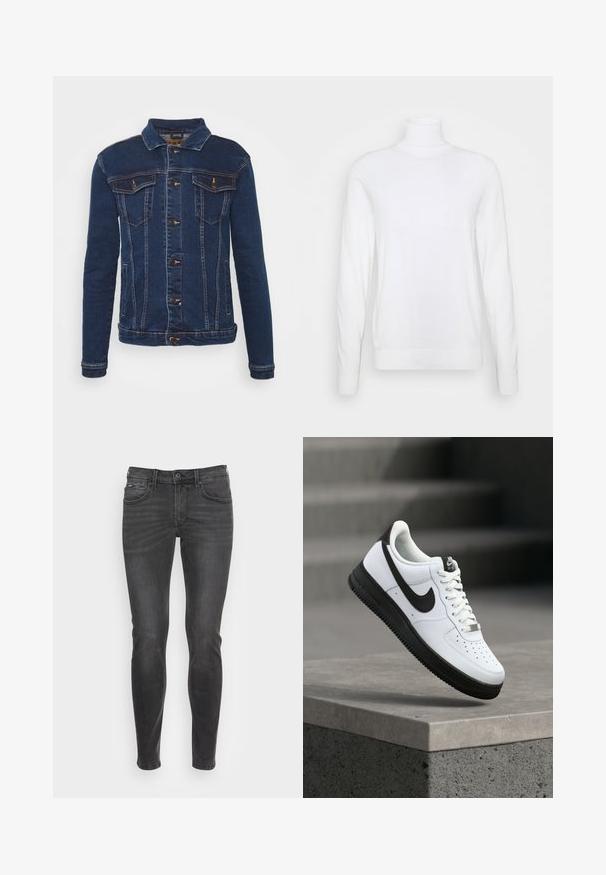Denim Project DPMKASH DENIM JACKET - Cowboyjakker - dark blue; Hvid turtleneck sweater med lange ærmer, lavet af glat stof. Har et tætsiddende design og ribbede manchetter og kant. Ingen mønstre eller accenter.; Slim-fit sorte jeans med en glat struktur, der har et klassisk fem-lomme design og en subtil falmning fortil.; Hvid lædersneaker med sorte detaljer, rundet tå og perforerede detaljer. Sort gummisål med tekstureret mønster og snørelukning.
