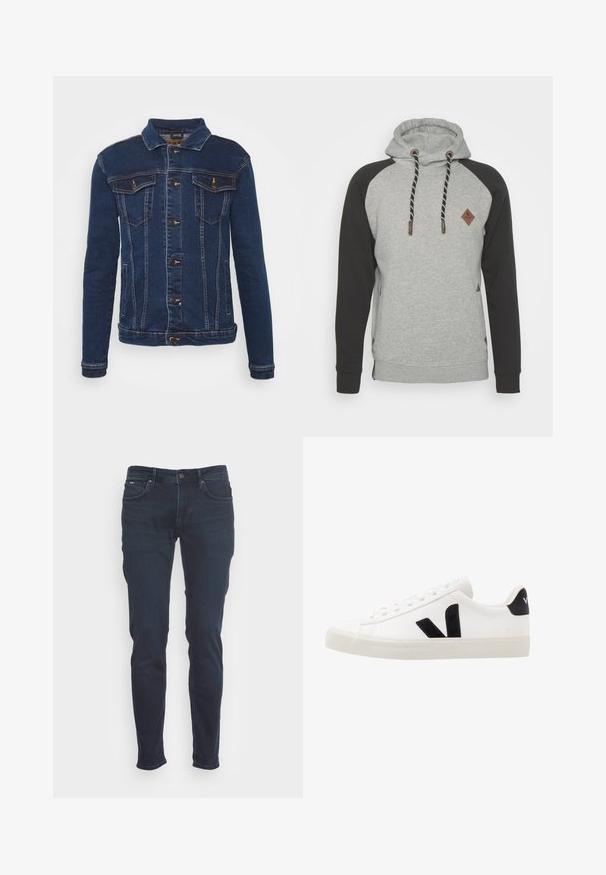 Denim Project DPMKASH DENIM JACKET - Cowboyjakker - dark blue; Grå hættetrøje med sorte raglanærmer, der har et diamantemblem, frontlomme og kontrasterende snore med brune detaljer.; Mørkeblå jeans i slim fit-design. Fremstillet af denim, med knap- og lynlåslukning, fem lommer og subtile stikninger.; Hvide lædersneakers med sorte ruskindsdetaljer; har en gummisål, rund tå og klassisk snørebåndsdesign. Side logo i sort.