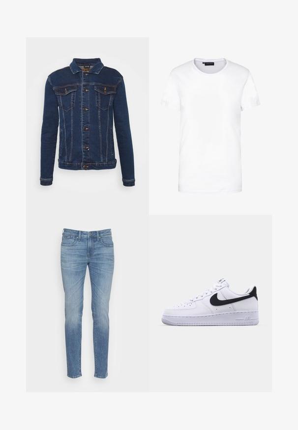 Denim Project DPMKASH DENIM JACKET - Cowboyjakker - dark blue; Hvid bomulds t-shirt, korte ærmer, rund halsudskæring, enkelt design, blød tekstur, lige snit, standard pasform, ingen synlige mønstre eller detaljer.; Lysblå denim jeans med slim fit, der har frontlommer, knappelukning og subtil udtoning langs benene for ekstra tekstur.; Hvide lædersneakers med en struktureret sort Swoosh, flade snørebånd og en gummisål med et rillemønster. "AIR" er præget på hælen.