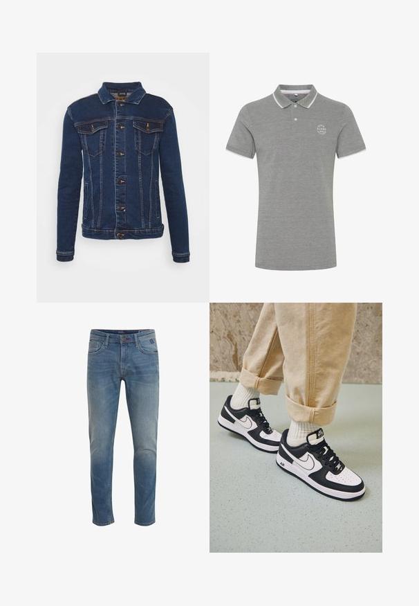 Denim Project DPMKASH DENIM JACKET - Τζιν μπουφάν - dark blue; Γκρι polo μπλούζα με κοντό μανίκι, λευκό τελείωμα στον γιακά και τα μανίκια, δύο κουμπιά και μικρό λευκό λογότυπο στο στήθος που γράφει «BLEND DENIM WITH ATTITUDE.»; Κλασικό μπλε τζιν με ίσια γραμμή, ανοιχτό ξέβγαλμα, πέντε τσέπες και διακριτικές ραβδώσεις. Διαθέτει μεταλλικό κουμπί και κλείσιμο με φερμουάρ.; Μαύρα και άσπρα αθλητικά παπούτσια Nike Air Force 1 με δερμάτινη επένδυση, τρυπητή μύτη και υφασμάτινη λεπτομέρεια στην σόλα, φορεμένα με τυλιγμένα μπεζ παντελόνια και λευκές κάλτσες.