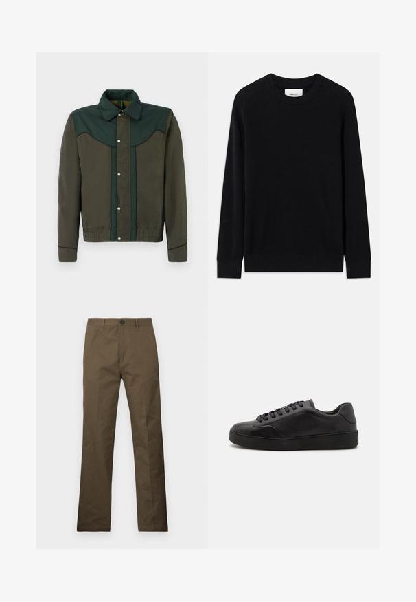 Grøn og brun jakke med trykknaplukning, krave og elastiske manchetter og nederdel. Har kontrasterende farvepaneler og subtil tekstur.; Sort ribbet sweater med rund halsudskæring, lange ærmer og strikket tekstur. Har en lige kant og en subtil brandinglabel indeni.; Brune bomuldsbukser med lige snit, forsynet med en knaplukning og sidelommer, præsenteret mod en hvid baggrund.; Sorte lædersneakers med rund tå, flad sål og traditionel snøring. Har en glat tekstur og diskrete detaljer på siden.