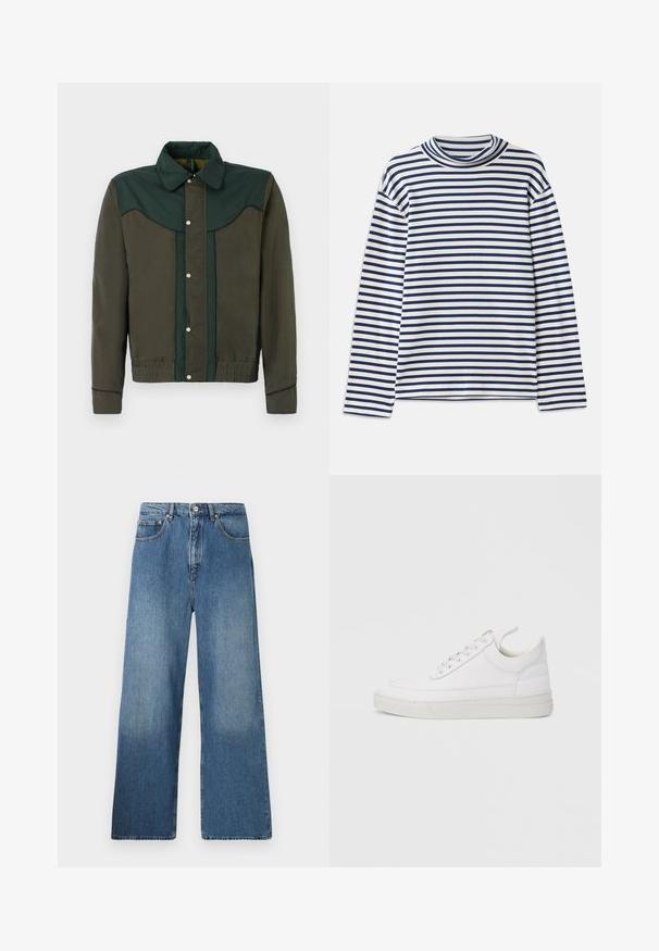 Grøn og brun jakke med trykknaplukning, krave og elastiske manchetter og nederdel. Har kontrasterende farvepaneler og subtil tekstur.; CLOSED TURTLE NECK - Langærmet T-shirt - dark night; Bredde ben blå denim jeans med et klassisk fem-lomme design, frontlukning med knap og let falming for tekstur.; Hvid lædersneaker med rundet tå, flad sål og snørebånd foran. Har syningsdetaljer og polstret krave for komfort.