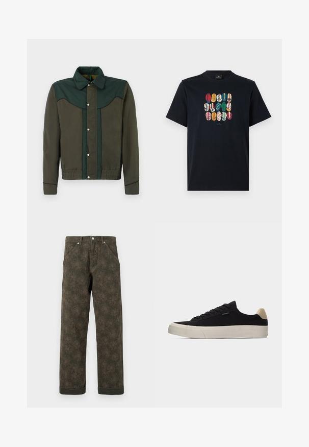 Grøn og brun jakke med trykknaplukning, krave og elastiske manchetter og nederdel. Har kontrasterende farvepaneler og subtil tekstur.; Sort bomulds T-shirt med et farverigt grafisk motiv af forskellige læber i forskellige mønstre og farver på foran. Rund halsudskæring, korte ærmer.; Mørkegrønne bukser med subtil blomsterprint, frontknap, lommer og opsmøgede kanter.; Sort lavsko med beige hælkappe, tyk hvid gummisål, sorte snørebånd og lille "PS Paul Smith" mærke på siden.